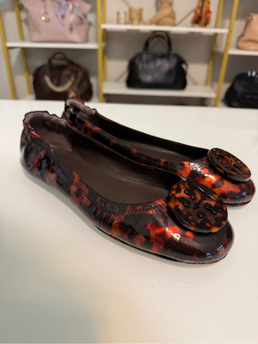 Tory Burch Tortoiseshell Patent Reva Ballet Flats - Brown/Black/Amber Sz 8.5